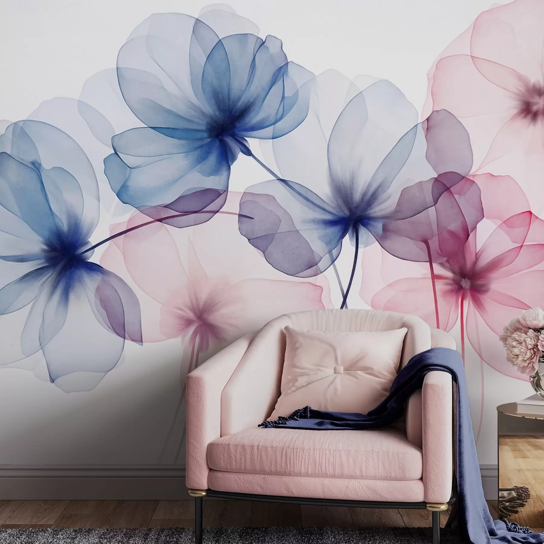 Carta da parati Floreale Fiori blu e rosa traslucidi e con texture su uno sfondo chiaro, dai petali delicati che si sovrappongono n. w09892