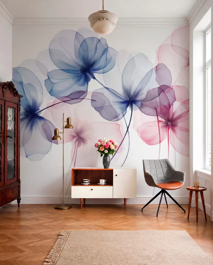 Carta da parati Floreale Fiori blu e rosa traslucidi e con texture su uno sfondo chiaro, dai petali delicati che si sovrappongono n. w09892
