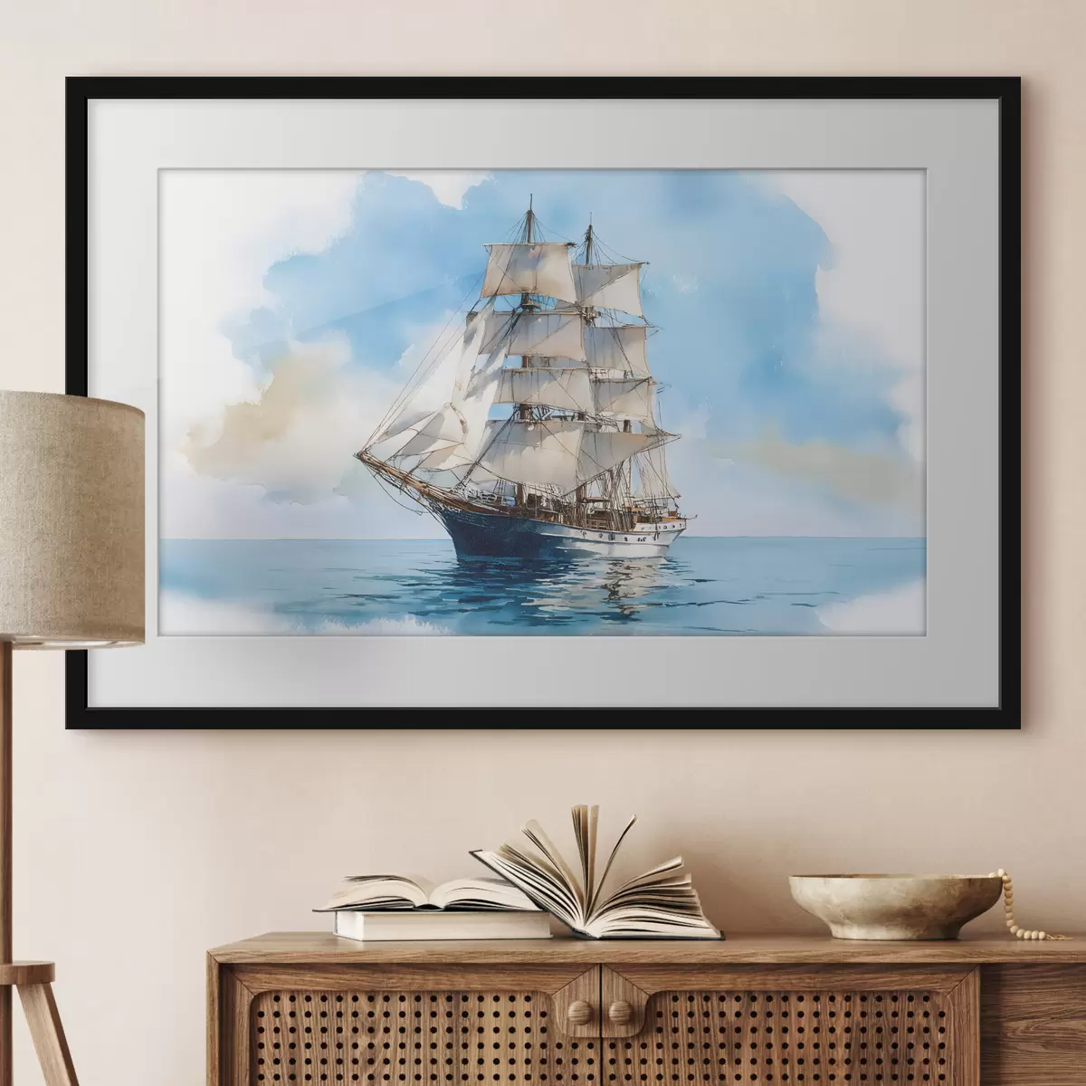 Poster Una nave in mare raffigurata in stile acquerello f49421