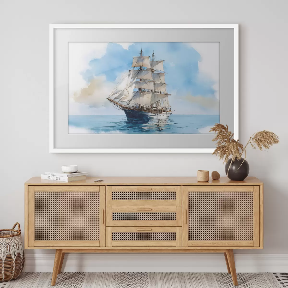 Poster Una nave in mare raffigurata in stile acquerello f49421