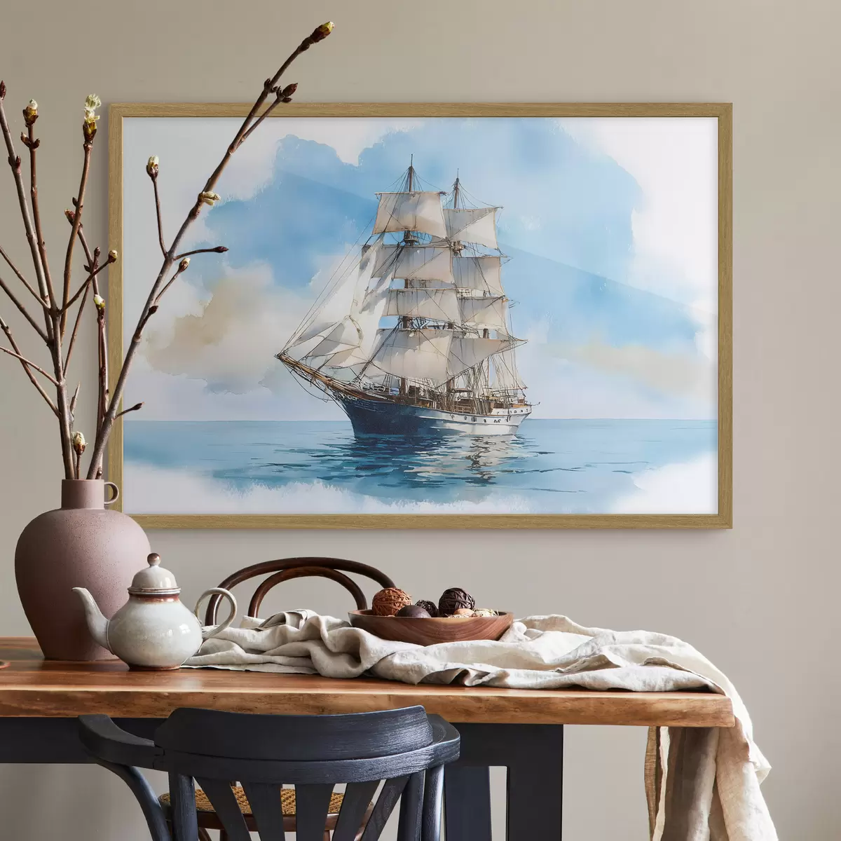Poster Una nave in mare raffigurata in stile acquerello f49421