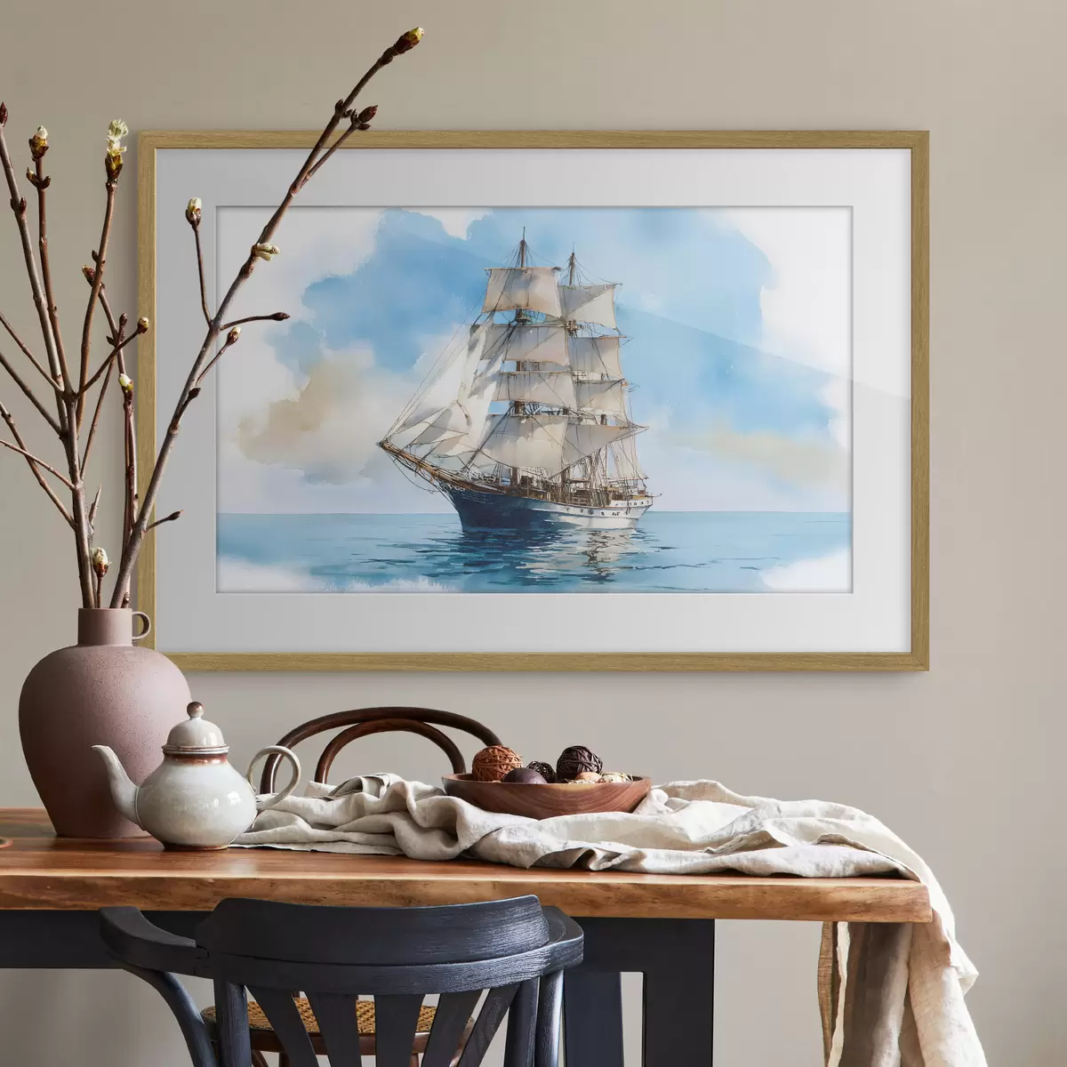 Poster Una nave in mare raffigurata in stile acquerello f49421