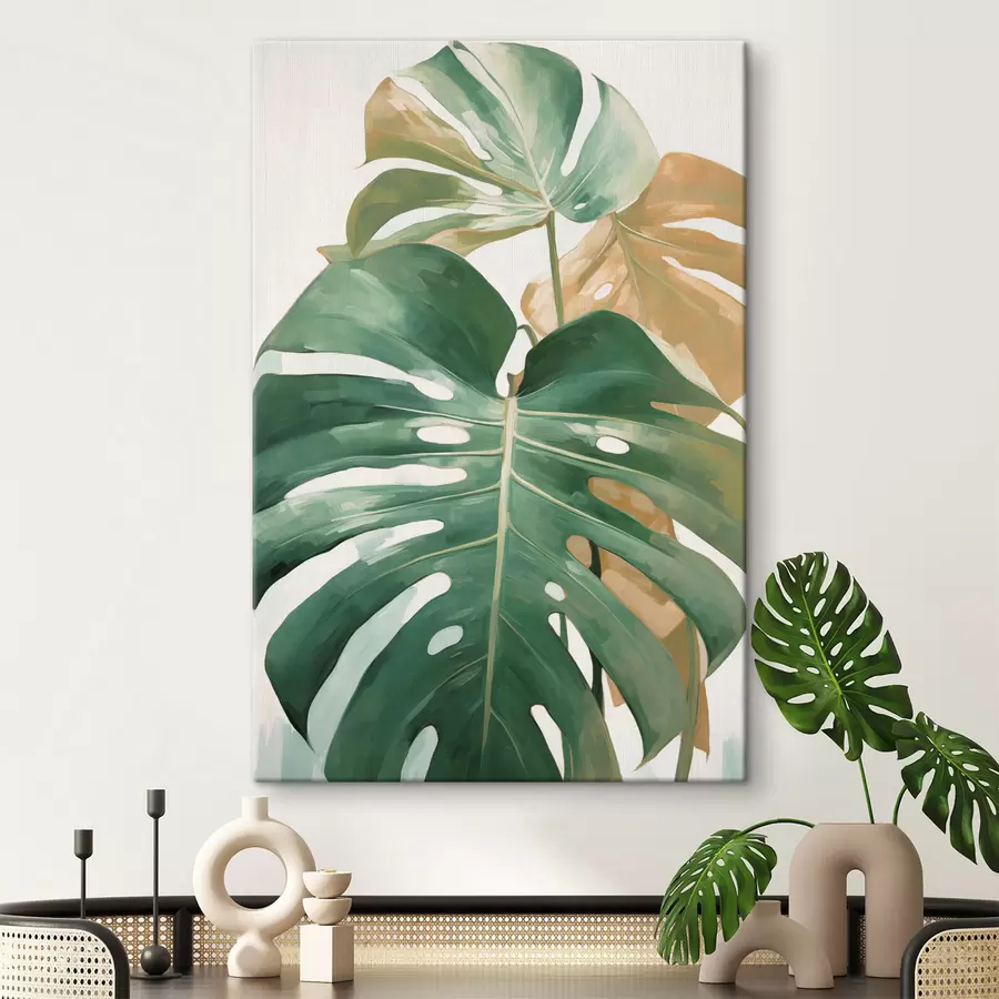 carta da parati Grandi foglie di monstera, opere d'arte minimaliste con texture nr. s49469