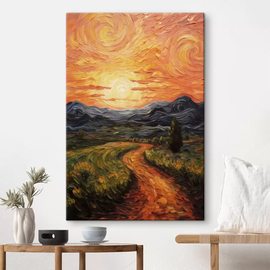 carta da parati Paesaggio vivace, cielo arancione e giallo con un sole, illustrazione stilizzata con texture nr. s49478