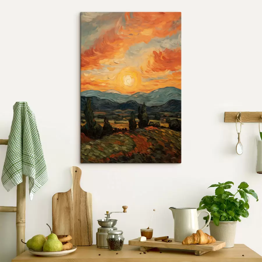 carta da parati Paesaggio vivace, cielo arancione e giallo con un sole, illustrazione stilizzata con texture nr. s49479