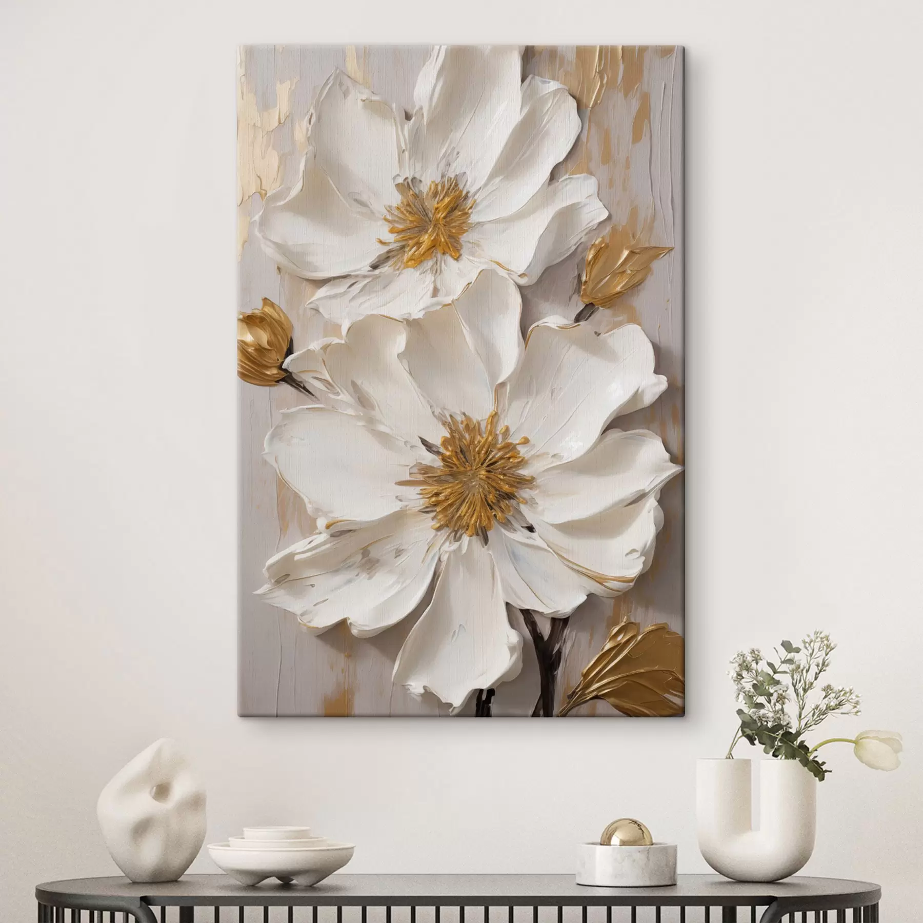 carta da parati Fiori bianchi in rilievo con petali delicati e sfondo astratto nr. s49487
