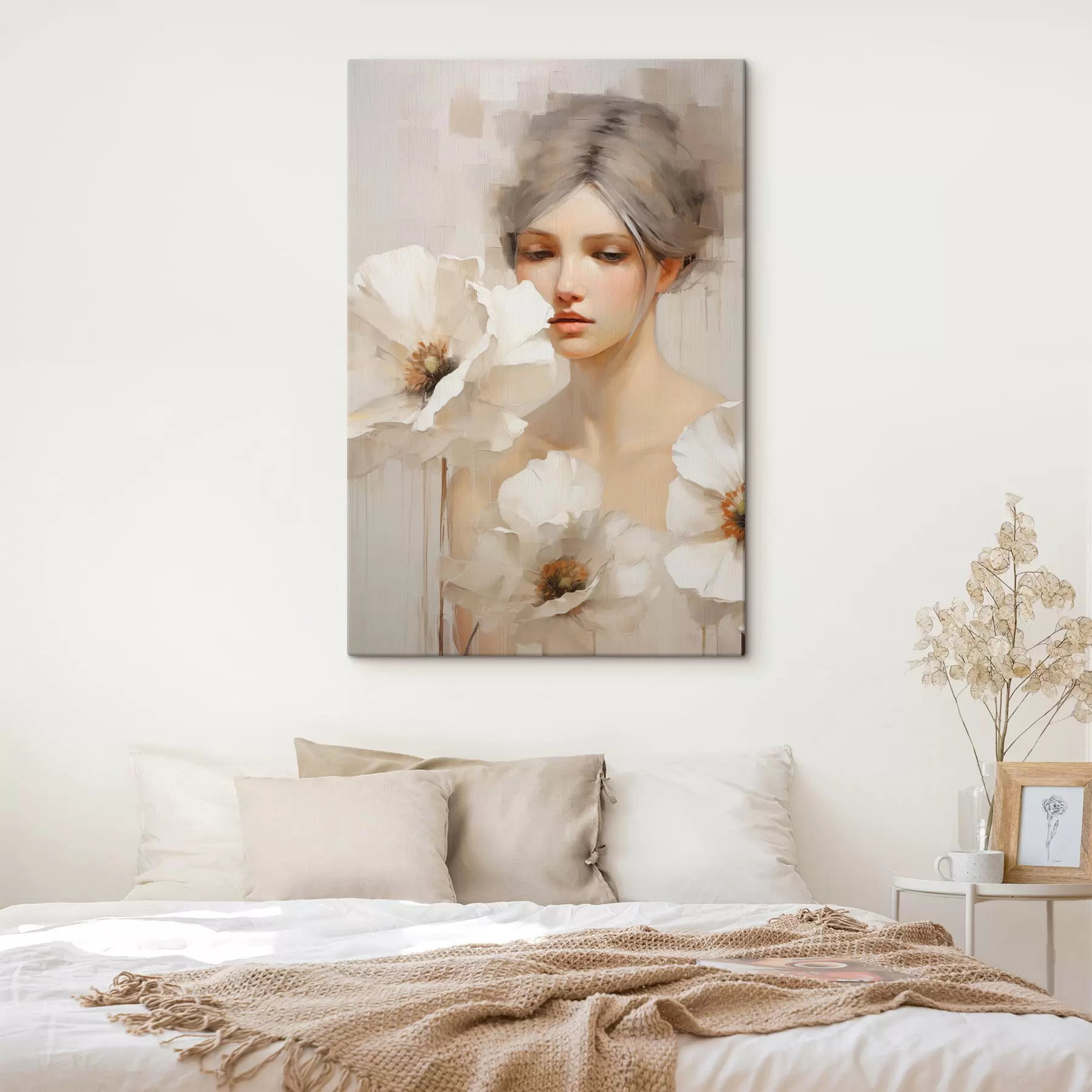 carta da parati Ritratto di donna con grandi fiori bianchi, su uno sfondo astratto chiaro nr. s49494
