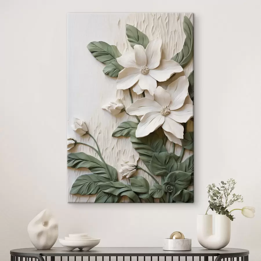 carta da parati Fiori bianchi e foglie verdi su uno sfondo ruvido con fogliame nr. s49497
