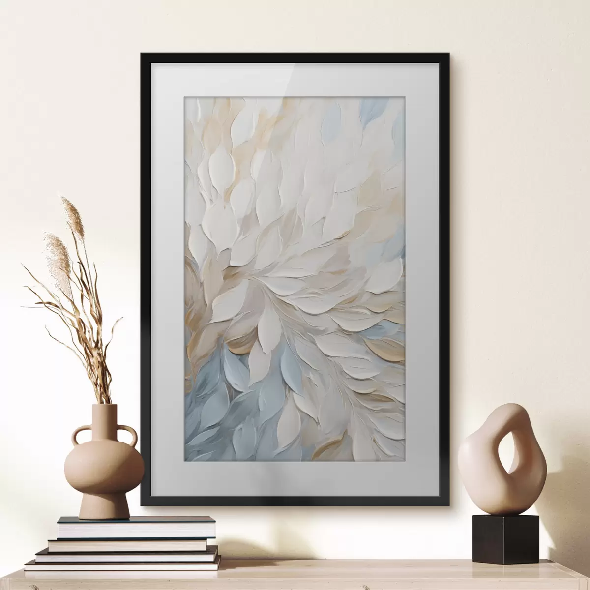 Poster Pittura astratta con texture che imita la tecnica a pennellate nei colori bianco, blu e beige f49464