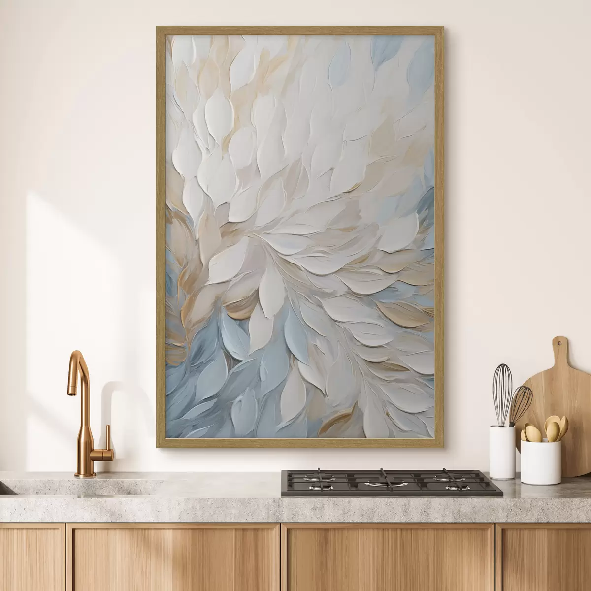 Poster Pittura astratta con texture che imita la tecnica a pennellate nei colori bianco, blu e beige f49464