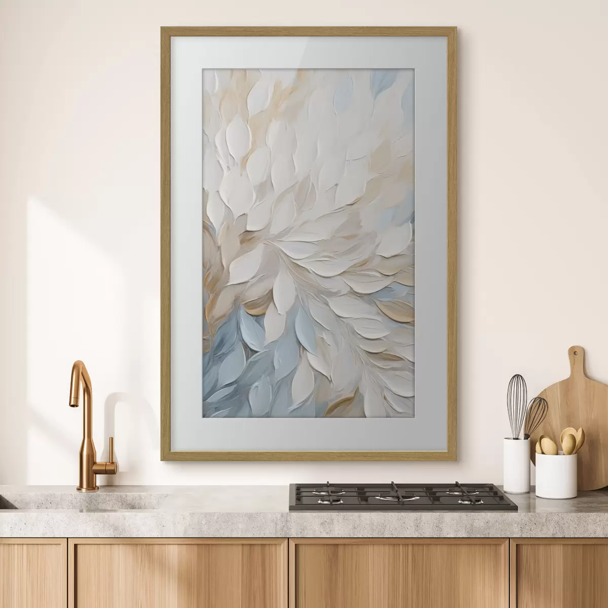 Poster Pittura astratta con texture che imita la tecnica a pennellate nei colori bianco, blu e beige f49464