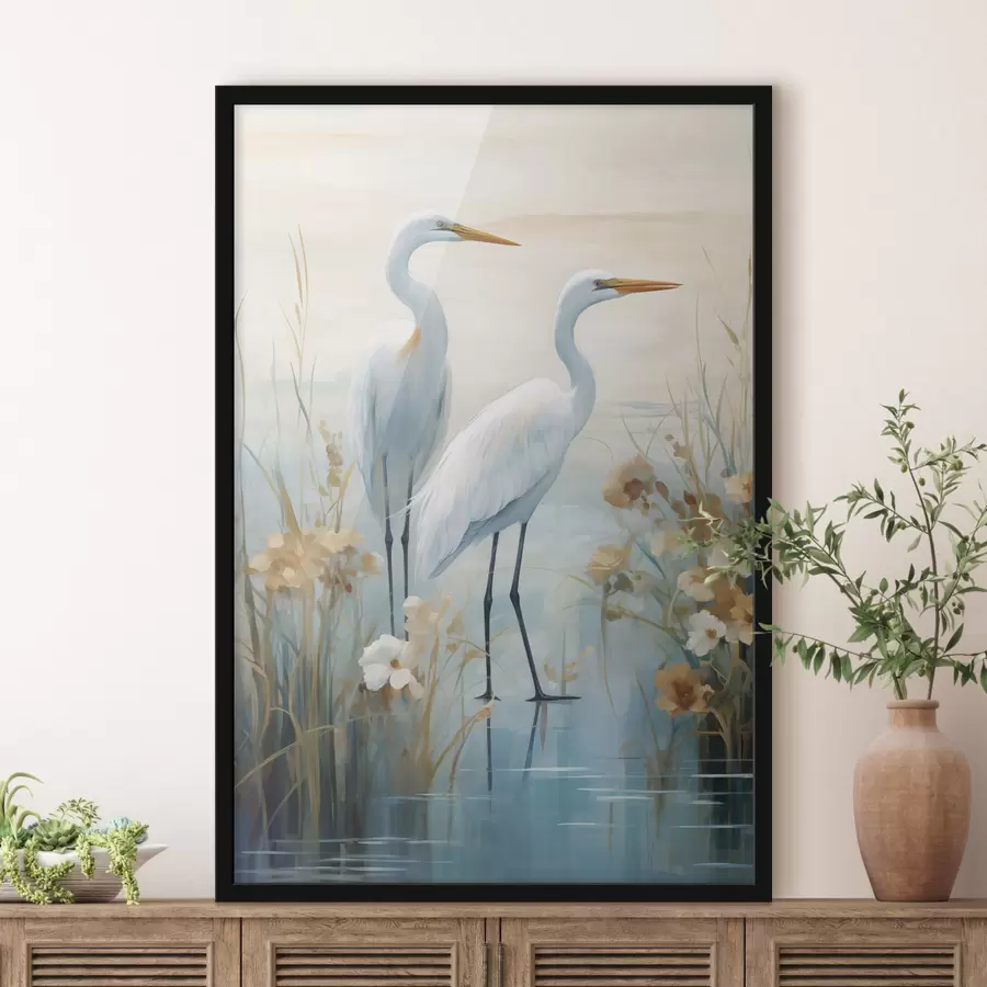 carta da parati Aironi bianchi in acque poco profonde su uno sfondo tenue e sfumato, arte paesaggistica nr. f49466