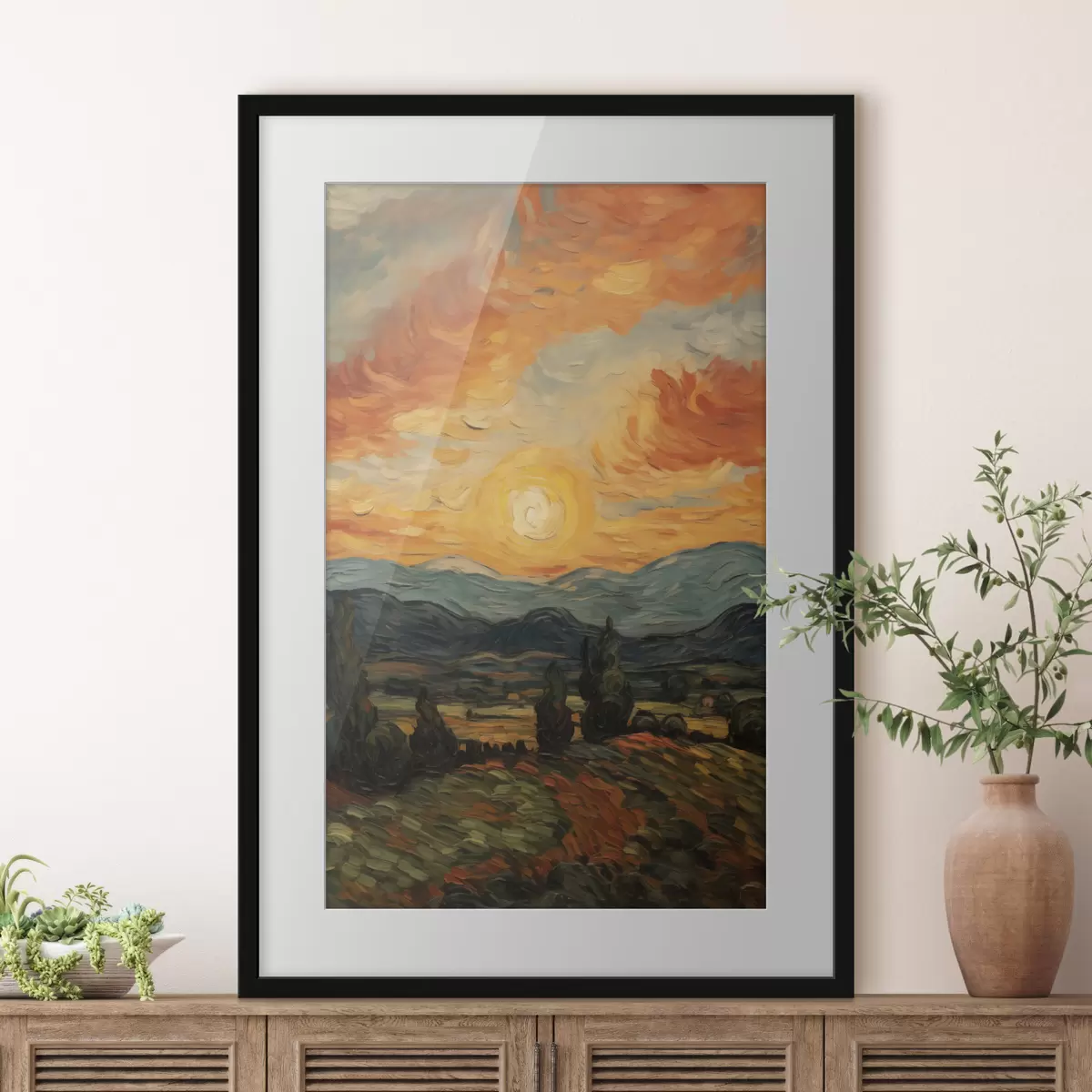 Poster Paesaggio vivace, cielo arancione e giallo con un sole, illustrazione stilizzata con texture f49479