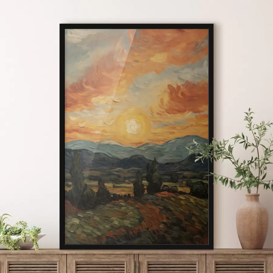 carta da parati Paesaggio vivace, cielo arancione e giallo con un sole, illustrazione stilizzata con texture nr. f49479