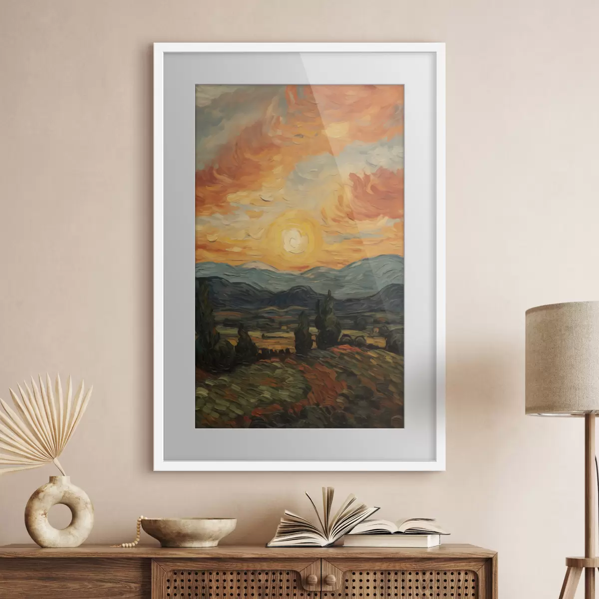 Poster Paesaggio vivace, cielo arancione e giallo con un sole, illustrazione stilizzata con texture f49479