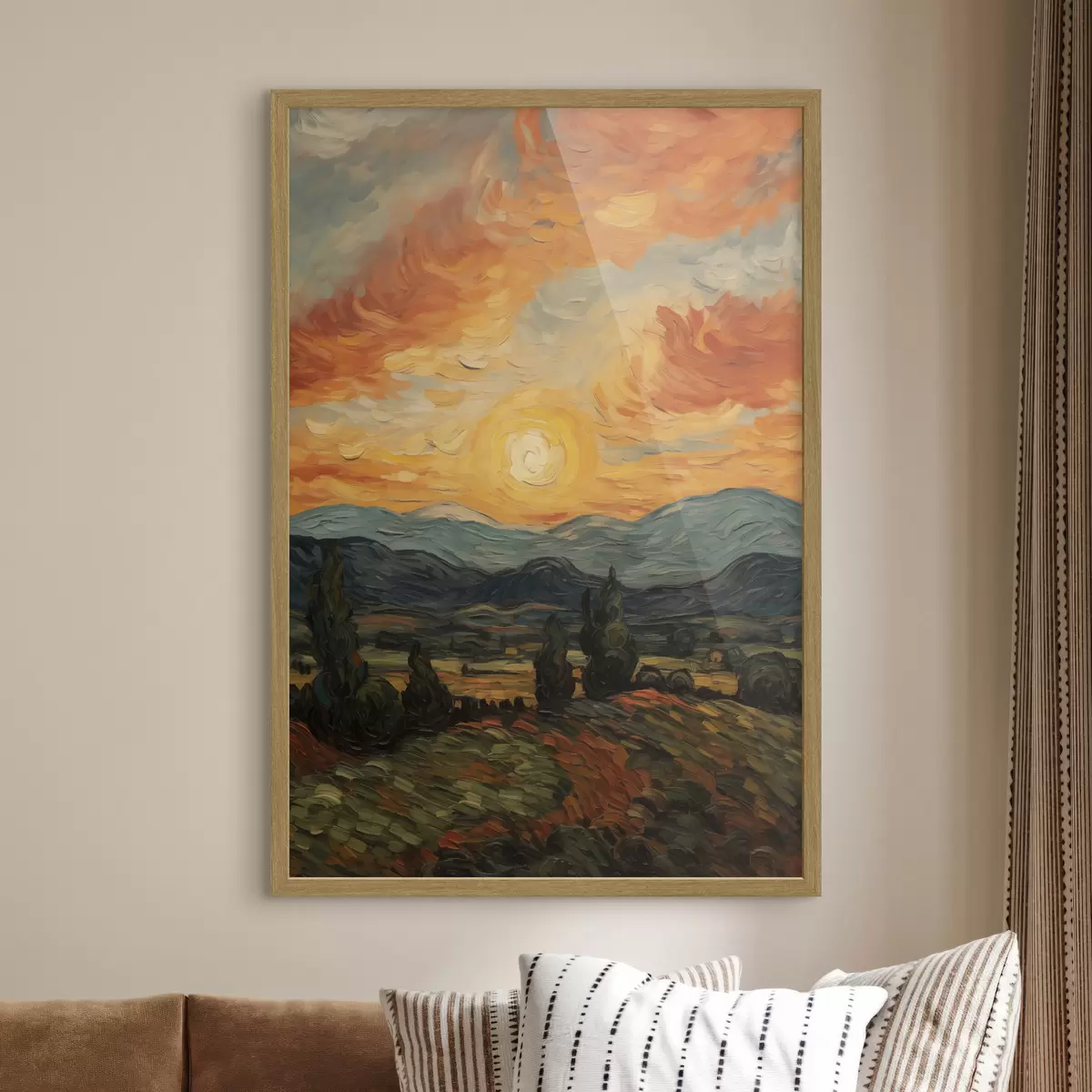 Poster Paesaggio vivace, cielo arancione e giallo con un sole, illustrazione stilizzata con texture f49479