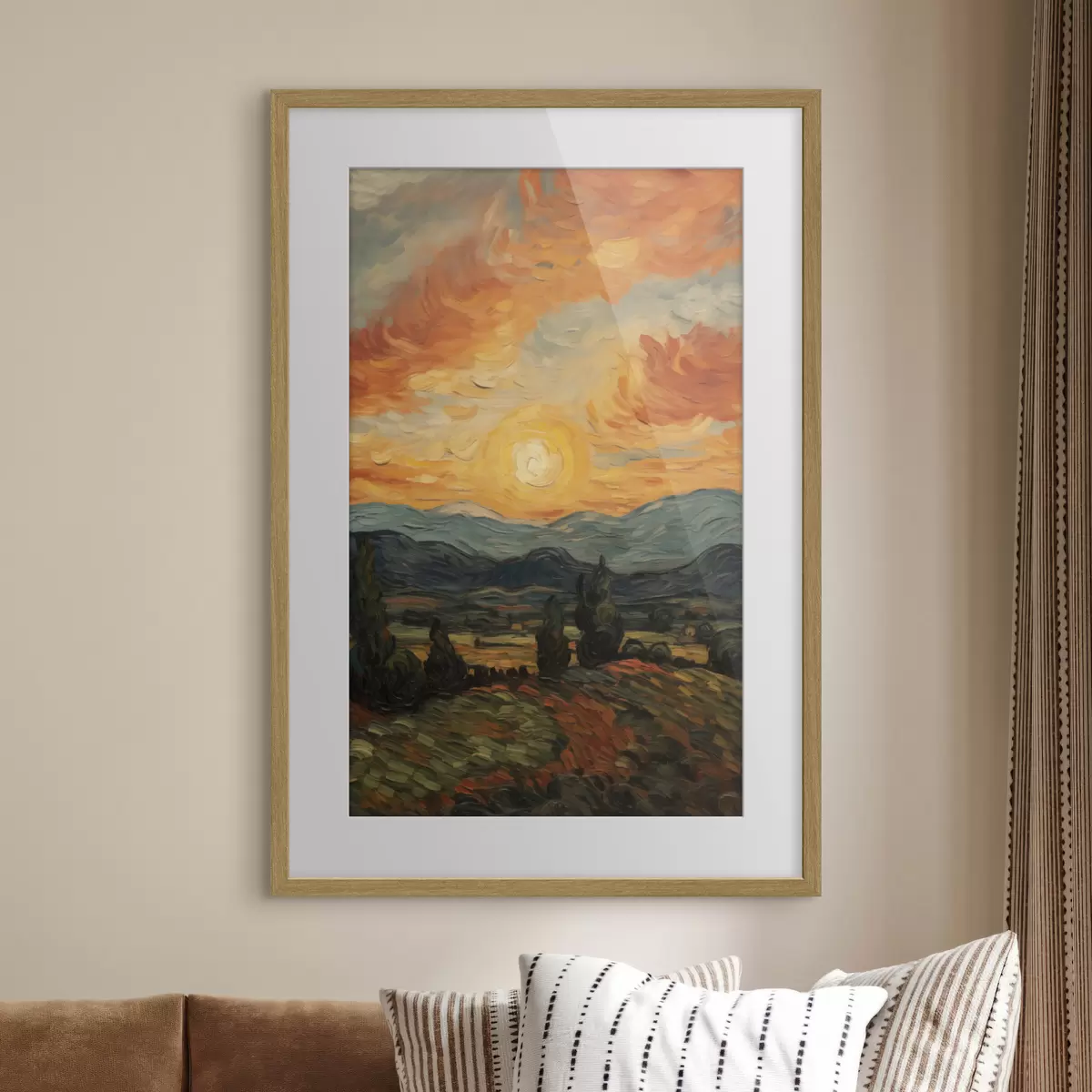 Poster Paesaggio vivace, cielo arancione e giallo con un sole, illustrazione stilizzata con texture f49479