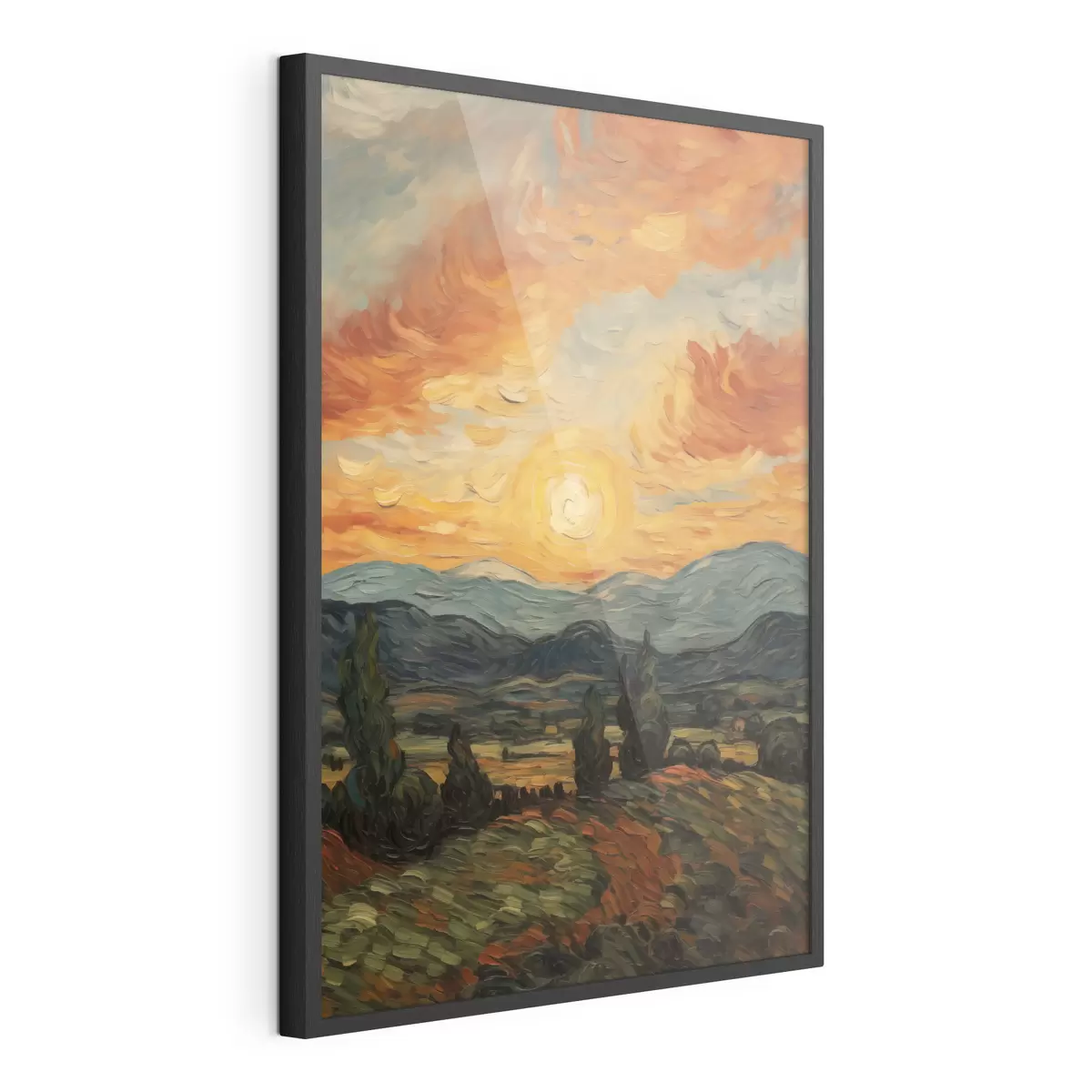 Poster Paesaggio vivace, cielo arancione e giallo con un sole, illustrazione stilizzata con texture f49479