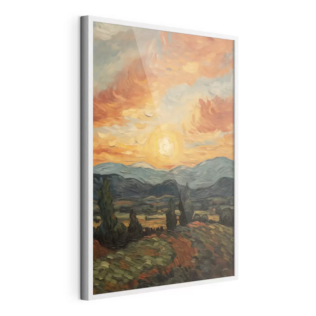 Poster Paesaggio vivace, cielo arancione e giallo con un sole, illustrazione stilizzata con texture f49479