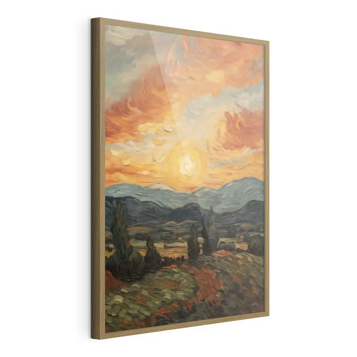 Poster Paesaggio vivace, cielo arancione e giallo con un sole, illustrazione stilizzata con texture f49479