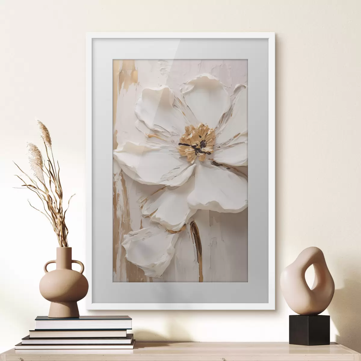 Poster Fiore bianco in rilievo con petali delicati e sfondo astratto f49486
