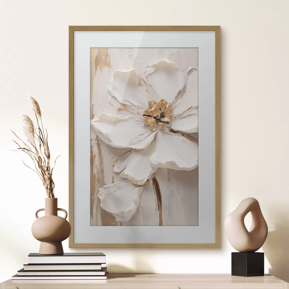 Poster Fiore bianco in rilievo con petali delicati e sfondo astratto f49486