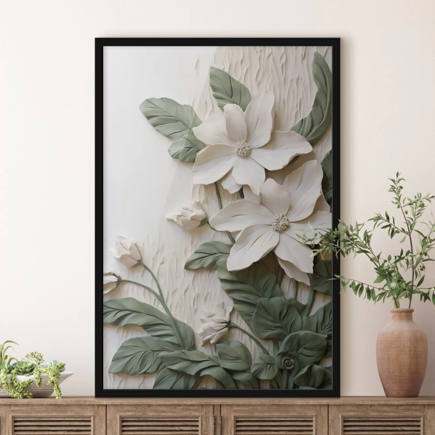 carta da parati Fiori bianchi e foglie verdi su uno sfondo ruvido con fogliame nr. f49497