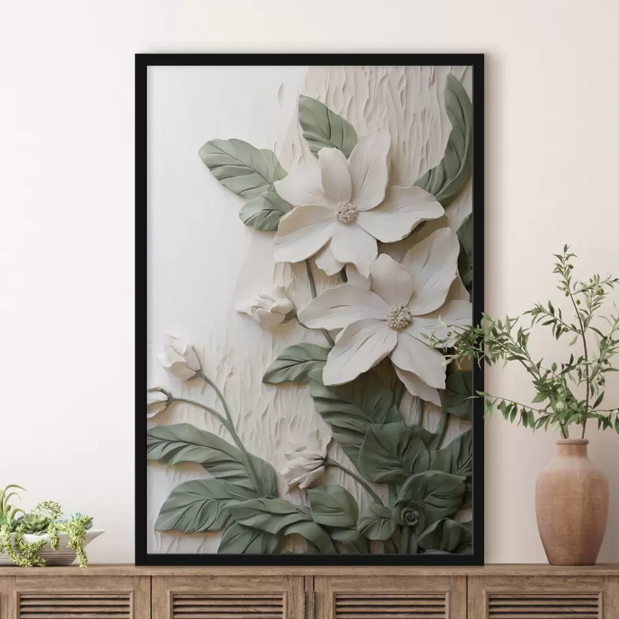 carta da parati Fiori bianchi e foglie verdi su uno sfondo ruvido con fogliame nr. f49497