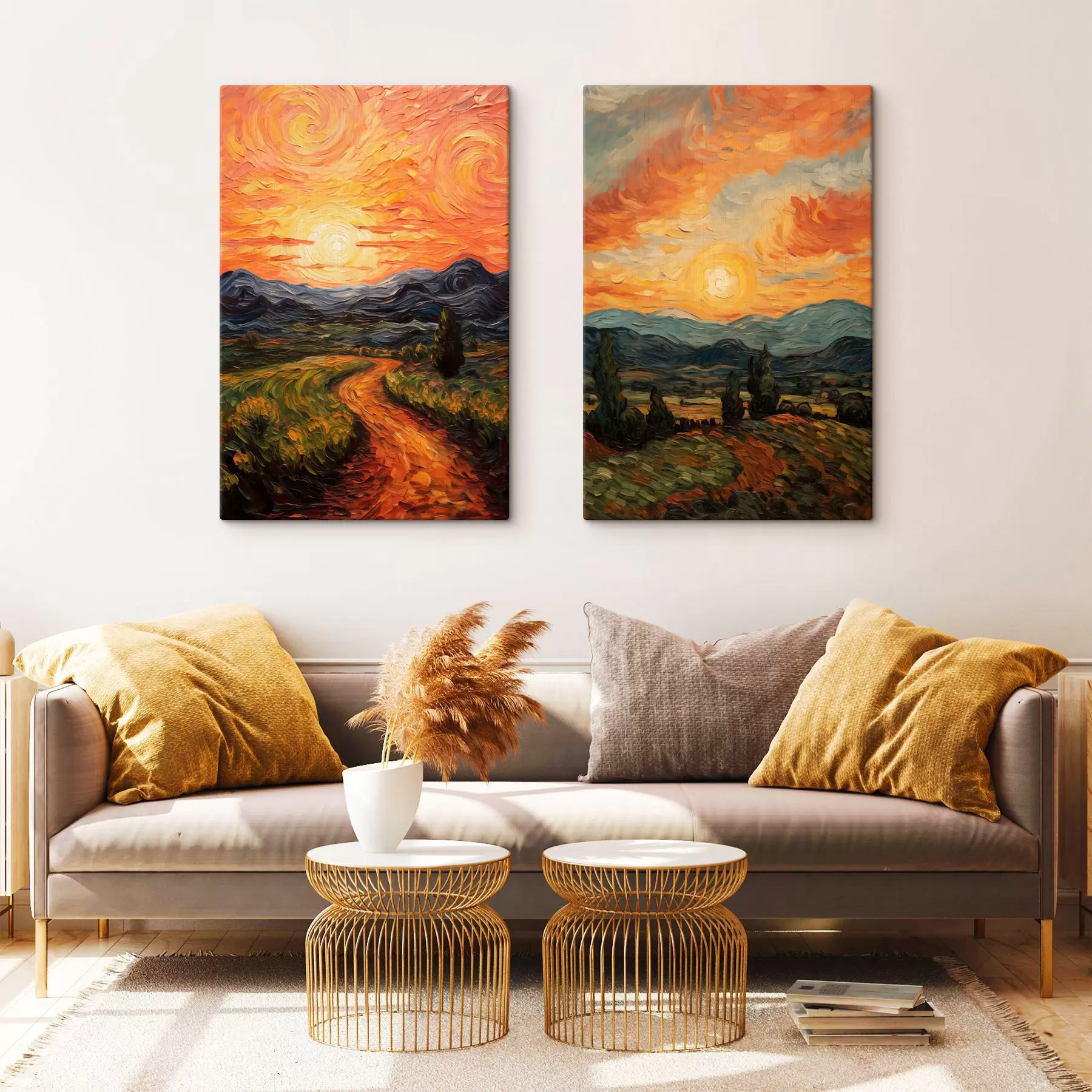 carta da parati Paesaggio vivace, cielo arancione e giallo con un sole, illustrazione stilizzata con texture nr. m30575