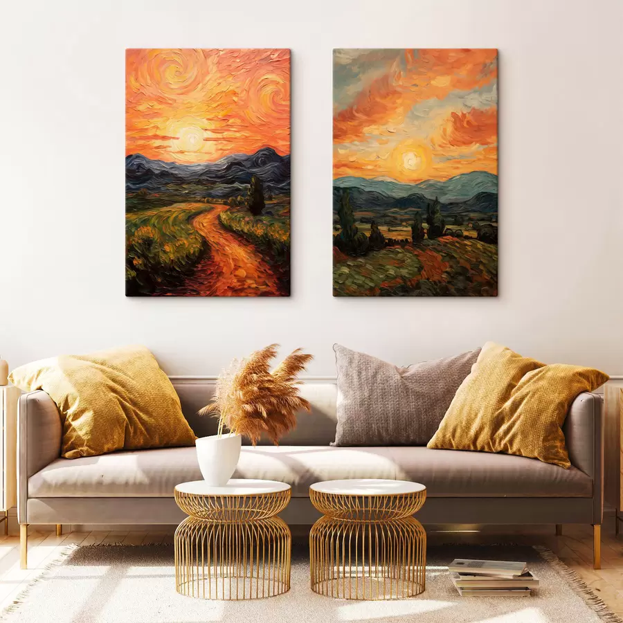 carta da parati Paesaggio vivace, cielo arancione e giallo con un sole, illustrazione stilizzata con texture nr. m30575