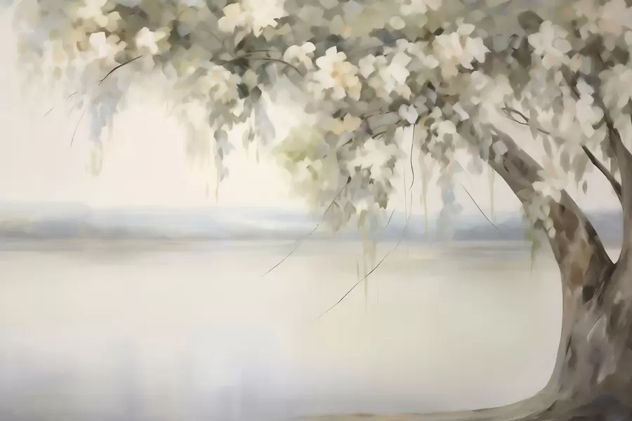 Carta da parati nature Dipinto che riproduce un albero in riva al lago 