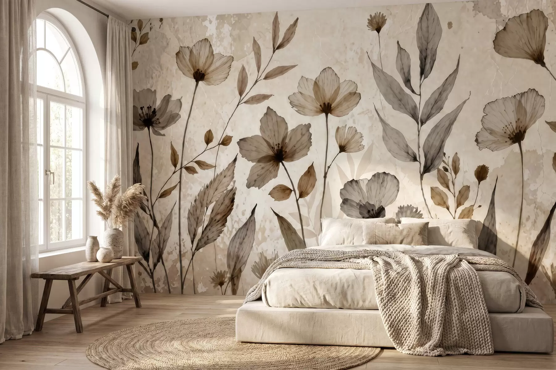 carta da parati Delicati fiori di campo dipinti ad acquerello in una delicata palette di colori beige e crema nr. w09875