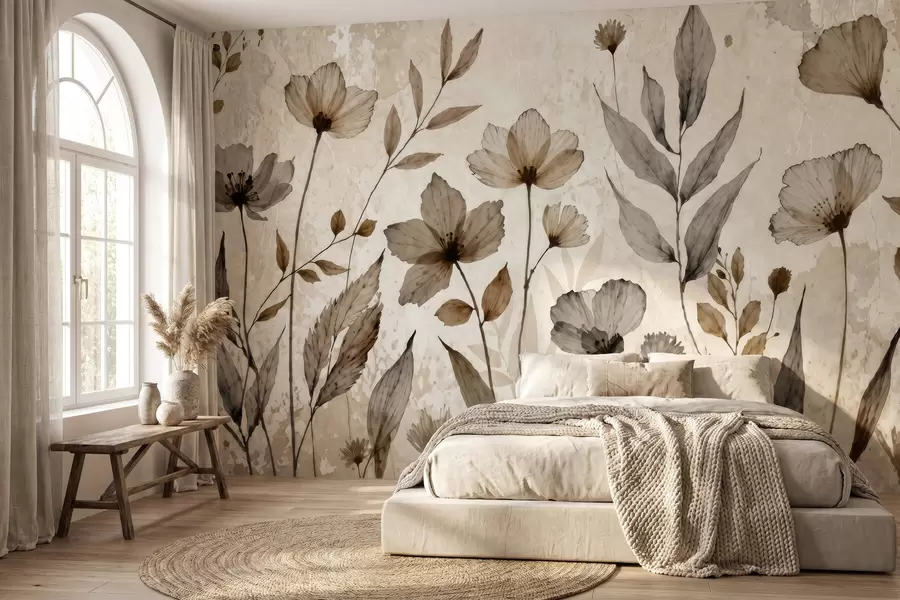 carta da parati Delicati fiori di campo dipinti ad acquerello in una delicata palette di colori beige e crema nr. w09875