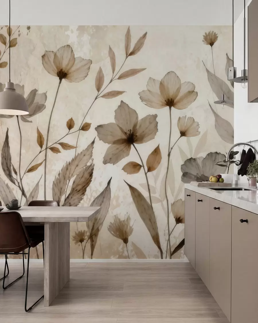 carta da parati Delicati fiori di campo dipinti ad acquerello in una delicata palette di colori beige e crema nr. w09875