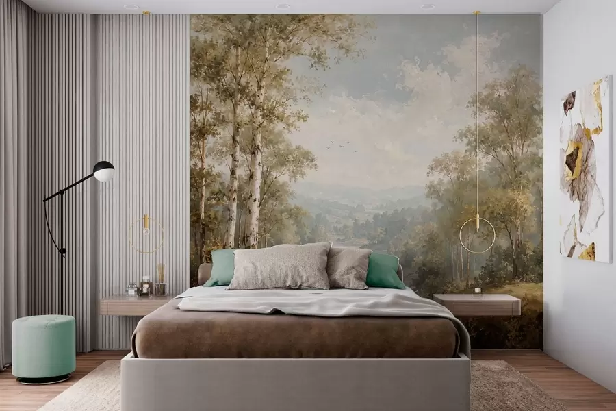 Carta da parati nature Luminoso paesaggio fluviale con betulle e nuvole 