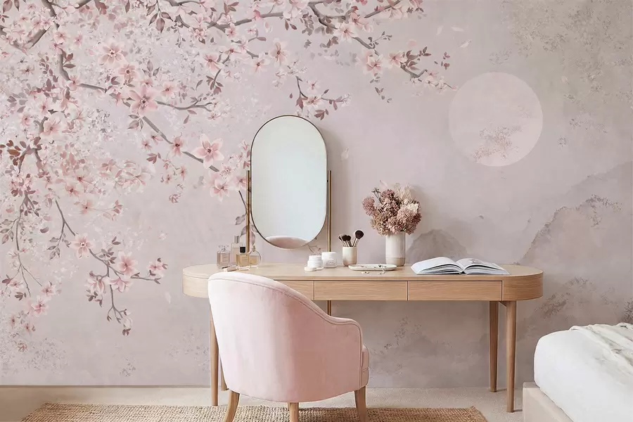 Carta da parati Floreale Fiori rosa su un ramo che sovrasta un dolce paesaggio montano n. w05695v1