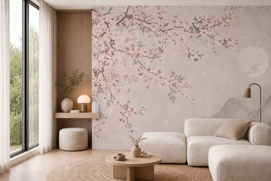 Carta da parati Floreale Fiori rosa su un ramo che sovrasta un dolce paesaggio montano n. w05695v1