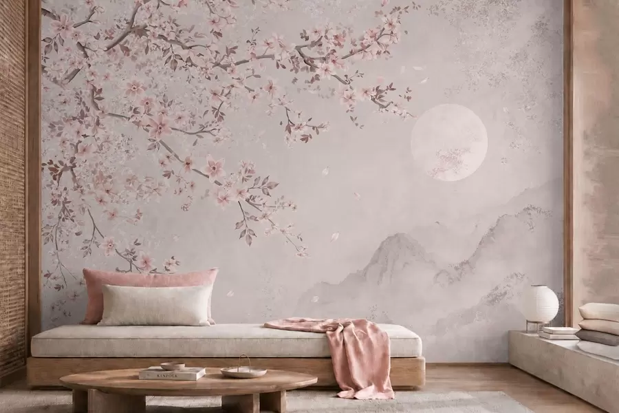 Carta da parati Floreale Fiori rosa su un ramo che sovrasta un dolce paesaggio montano n. w05695v1
