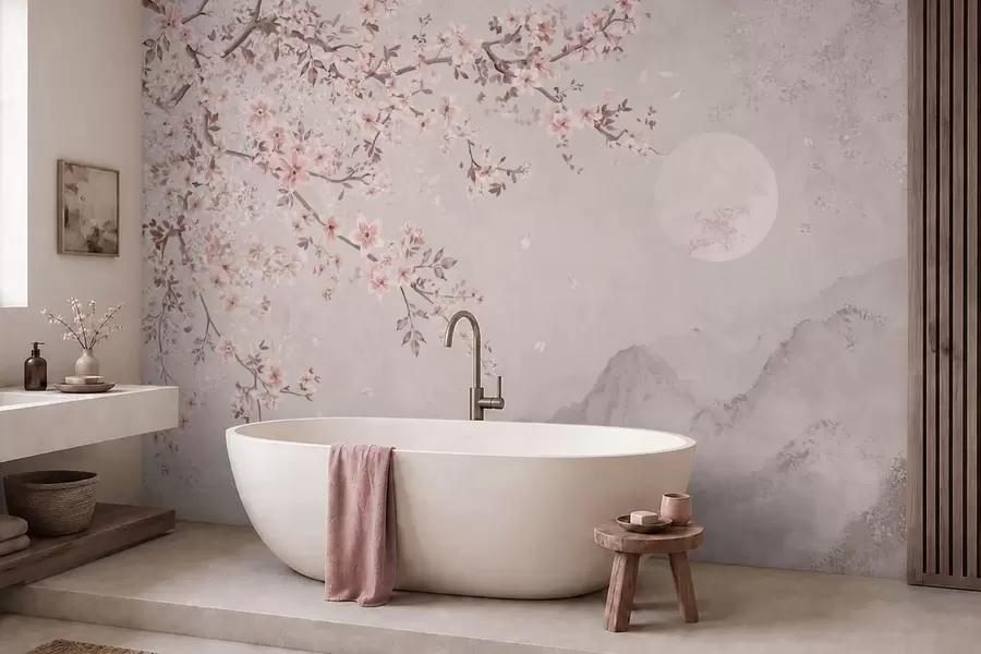Carta da parati Floreale Fiori rosa su un ramo che sovrasta un dolce paesaggio montano n. w05695v1