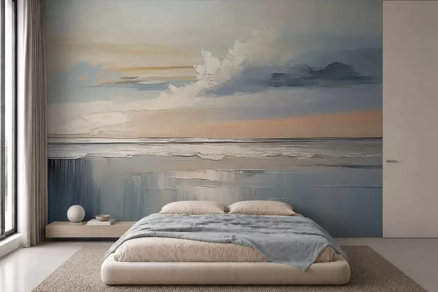 Carta da parati Mare Litorale dai colori pastello con nuvole e riflessi sull'acqua