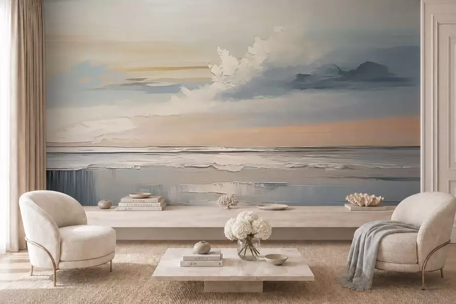 Carta da parati Mare Litorale dai colori pastello con nuvole e riflessi sull'acqua