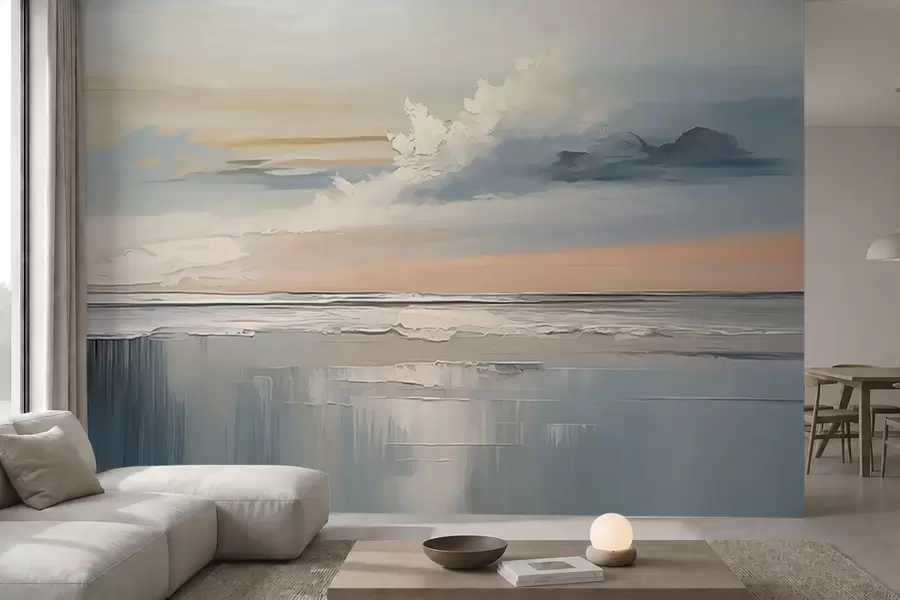 Carta da parati Mare Litorale dai colori pastello con nuvole e riflessi sull'acqua
