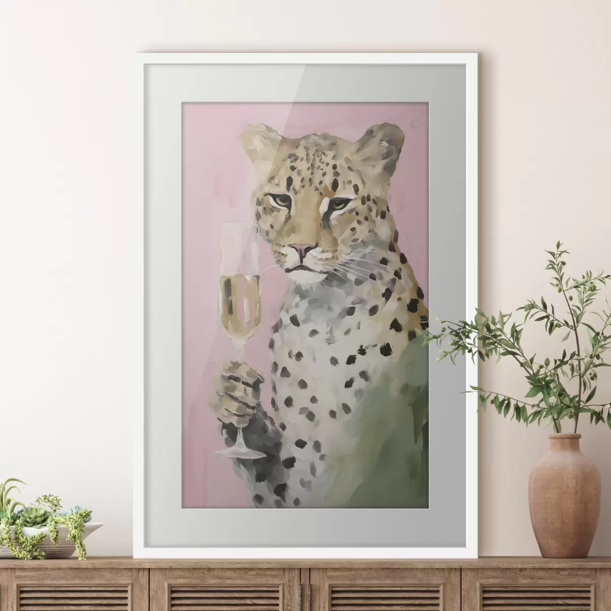 Poster Dipinto raffigurante un leopardo che regge un bicchiere f49511