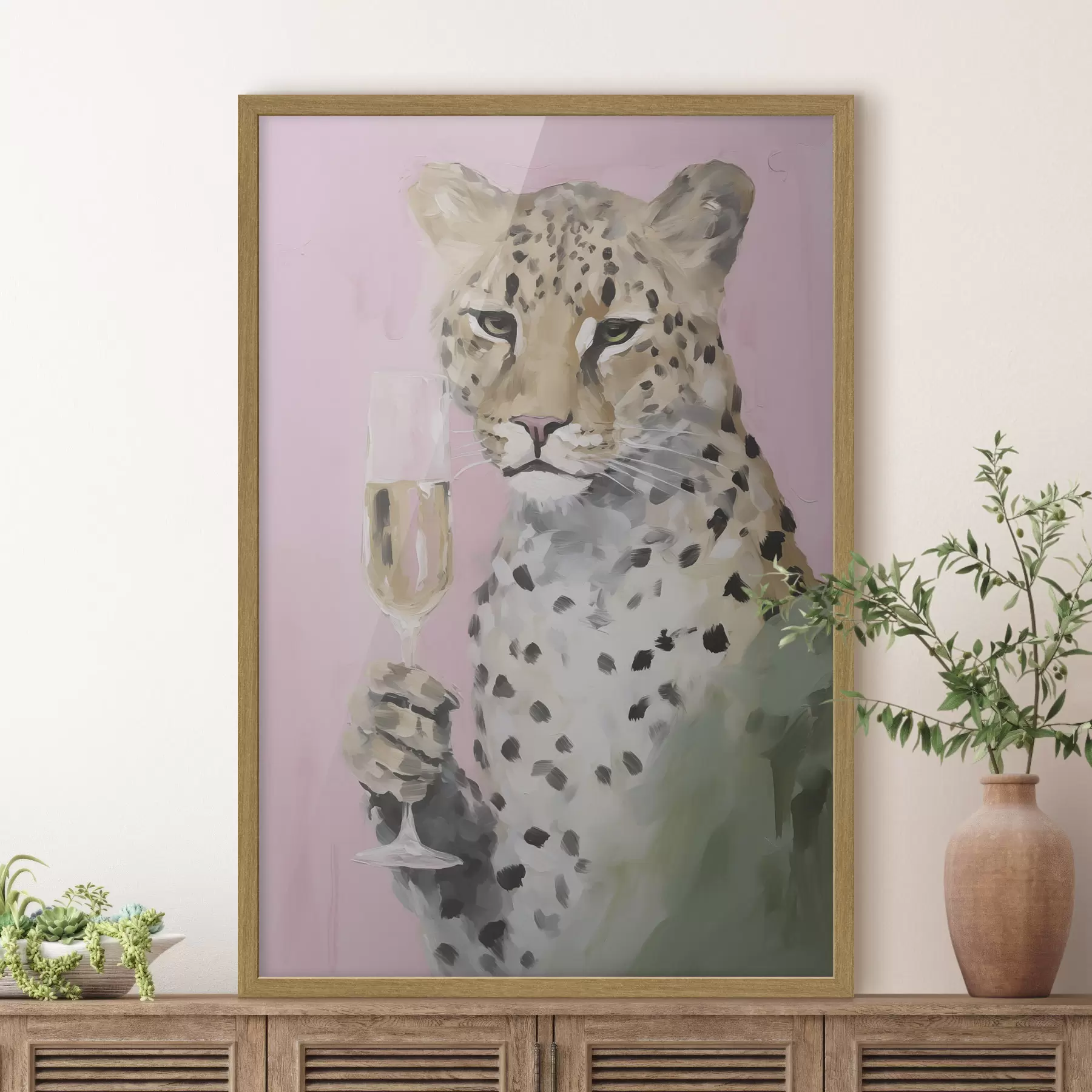 carta da parati Dipinto raffigurante un leopardo che regge un bicchiere nr. f49511
