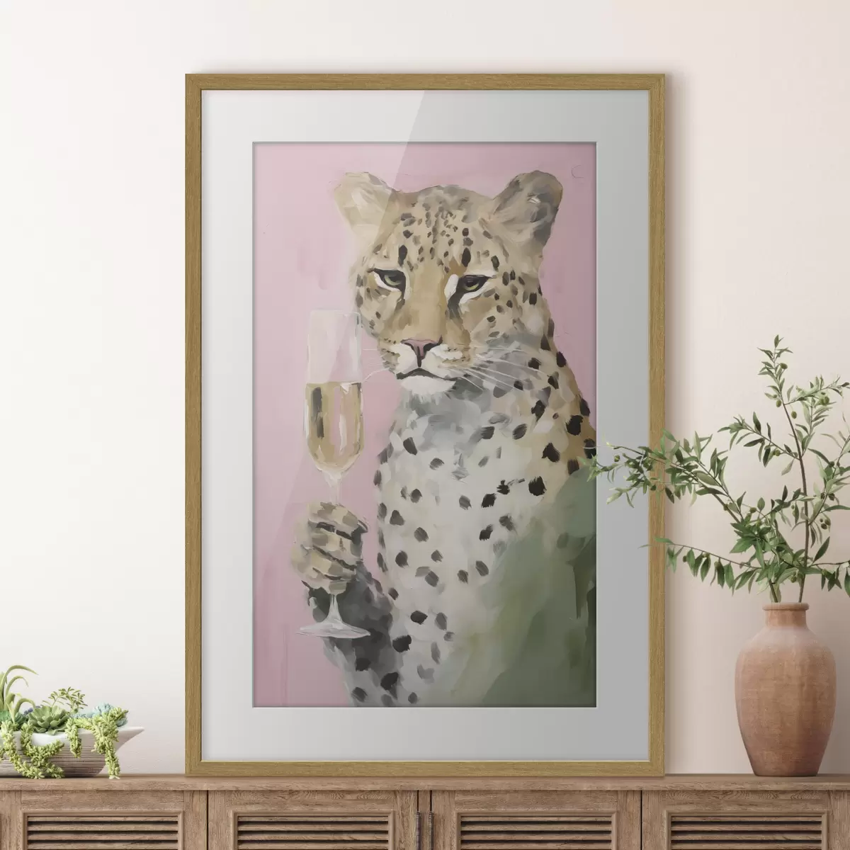 Poster Dipinto raffigurante un leopardo che regge un bicchiere f49511