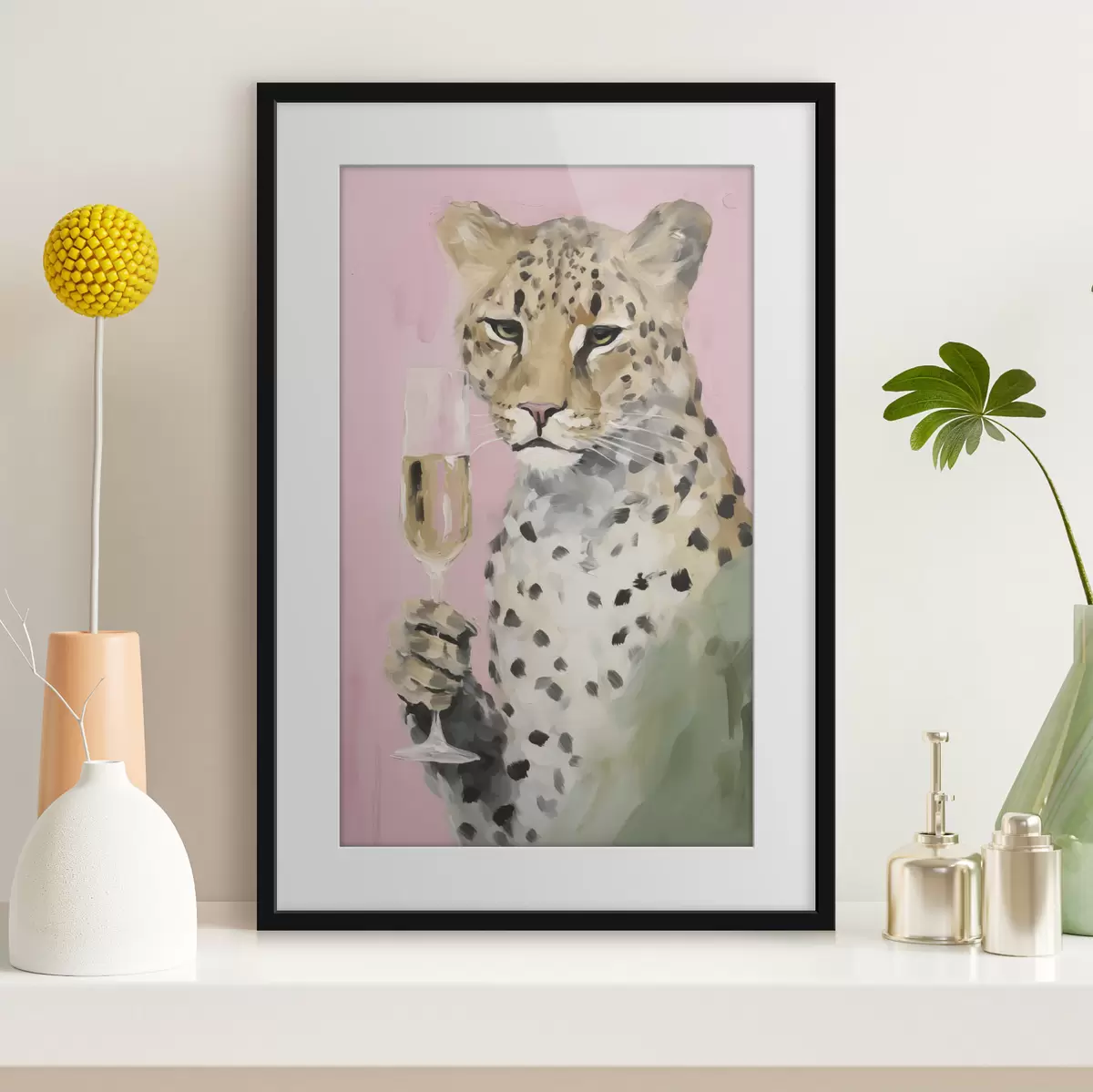 Poster Dipinto raffigurante un leopardo che regge un bicchiere f49511