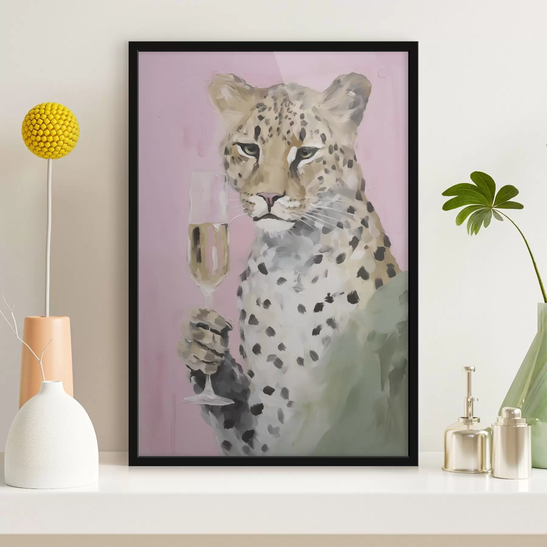 carta da parati Dipinto raffigurante un leopardo che regge un bicchiere nr. f49511