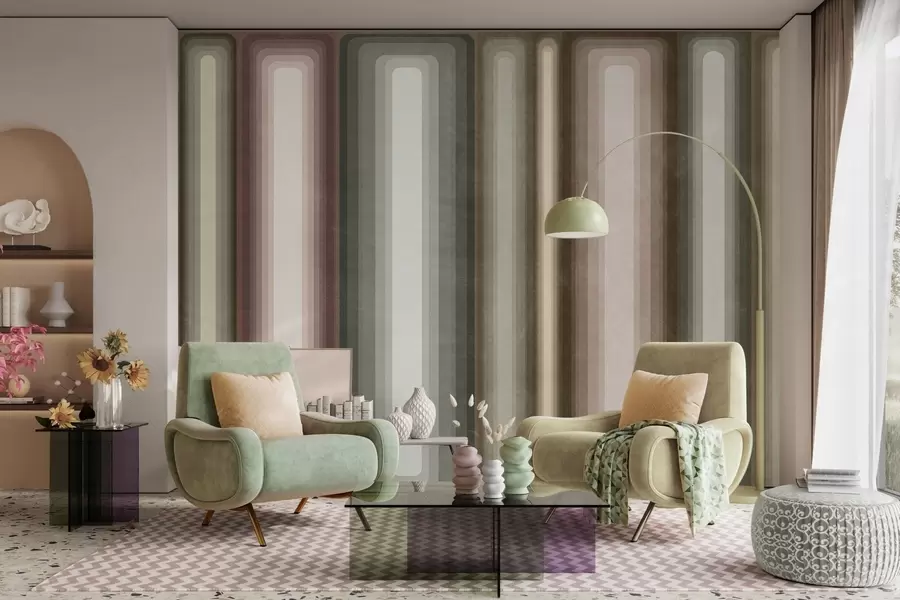 carta da parati Rettangoli arrotondati verticali, astratti e con texture, in tonalità tenui di marrone, beige e rosa pallido nr. w09905