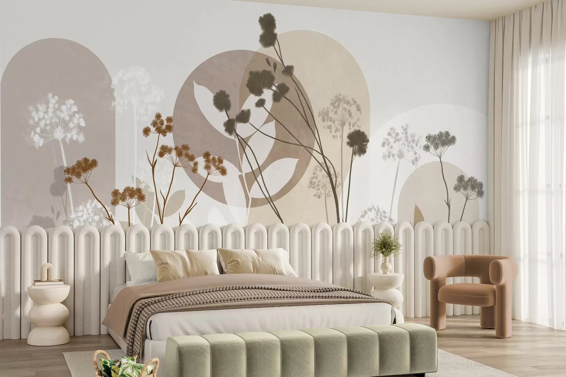 carta da parati Composizione botanica e minimalista di fiori e foglie essiccati con motivi geometrici astratti nr. w09906