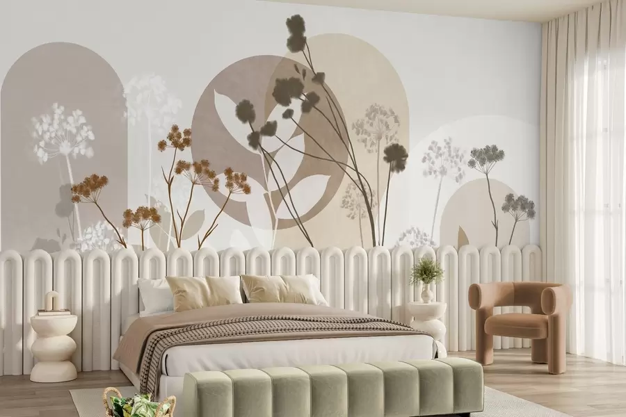Carta da parati 3D Fiori Composizione botanica e minimalista di fiori e foglie essiccati con motivi geometrici astratti n. w09906